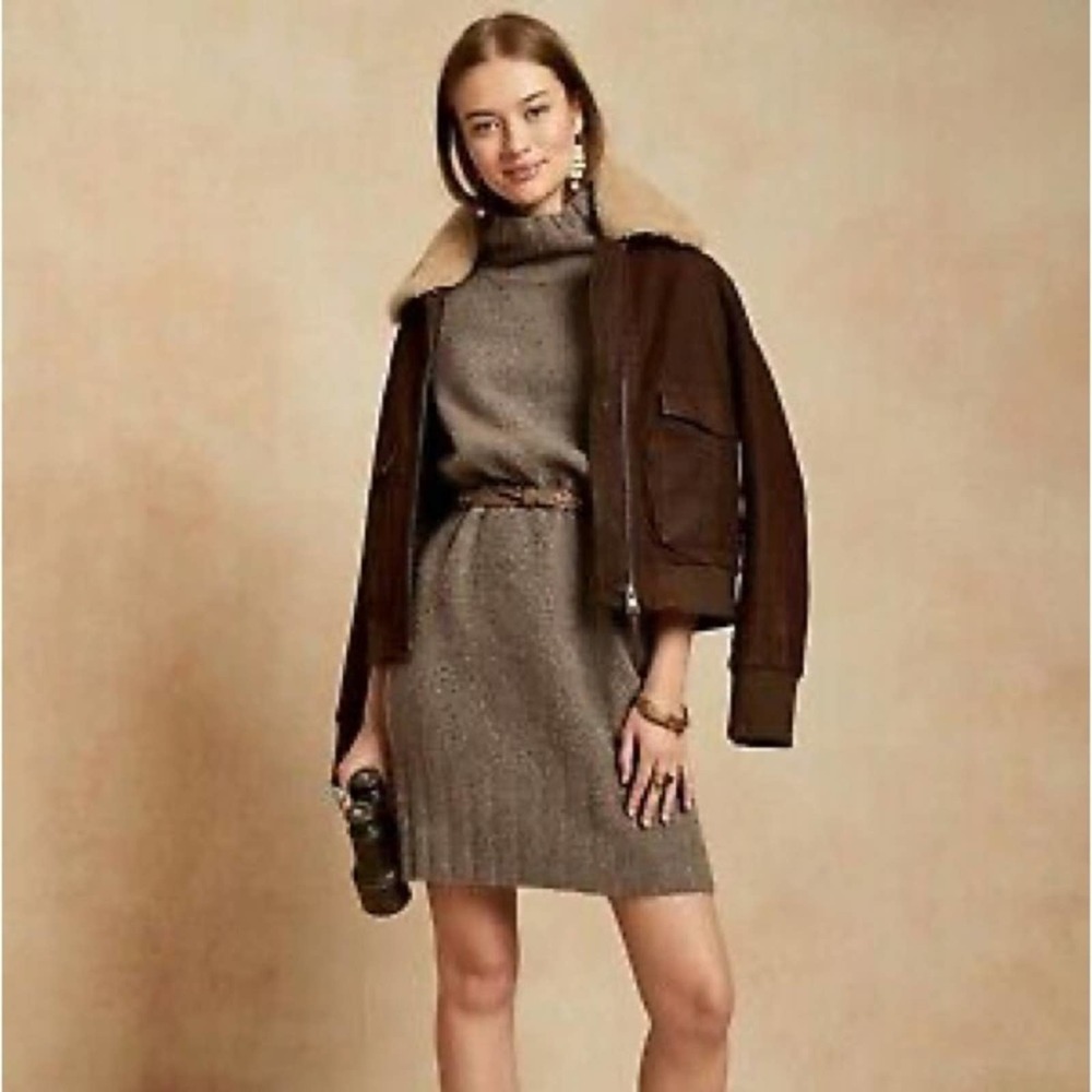 Banana Republic Mock-Neck Sweater Dress Gray Tan  SIZE S B4